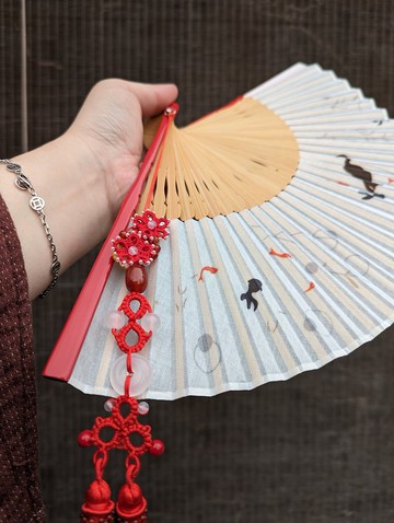 吊墜流蘇穗子掛飾扇墜玉髓瑪瑙配珠摺扇云中的鶴暗紅版