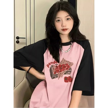 隨性又百搭！ 短袖上衣女 撞色上衣 粉色拼接上衣 韓國短袖 日系上衣 設計感上衣 純棉短袖 韓版 潮牌 T恤 短袖t恤