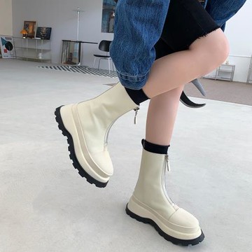 阿寶家 增高厚底前拉鏈馬丁靴女秋季新款休閑真皮短靴百搭單靴