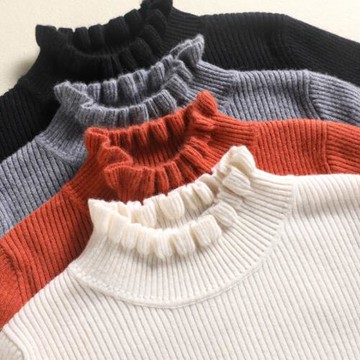 秋冬新款荷葉半高領毛衣女修身套頭木耳花領內搭打底洋氣針織衫