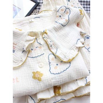 夏季女短袖短褲睡衣套裝純棉雙層縐布女卡通家居服薄款紗布大翻領