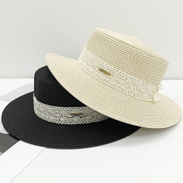 【巴黎精品】現貨+預購 渡假草帽高級法式遮陽帽名媛防曬帽禮帽草編帽子-時尚平頂蕾絲織帶女帽子4色a1kl22