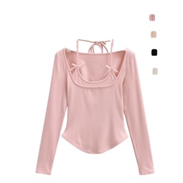 純欲性感風蝴蝶結掛脖系帶長袖T 修身顯瘦弧形下擺掐腰露臍打底衫