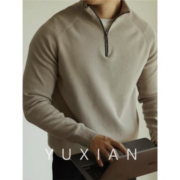 YUXIAN秋冬高捻長絨棉復古半高領拉鏈純色套頭針織長袖毛衣男士