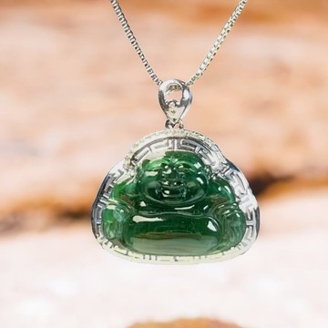 冰種老坑綠翡翠彌勒佛項鍊 18K金鑲嵌  | 天然A貨翡翠 | 送禮