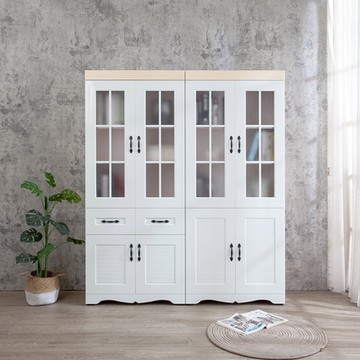 Birdie南亞塑鋼-鄉村歐風5.3尺格子窗線板造型書櫃/展示櫃/收納置物櫃組合(白橡色+白色)-161.2x36.1x191.8cm