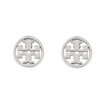TORY BURCH鍍銀色雙T LOGO圓形鏤空設計耳釘式耳環(銀)