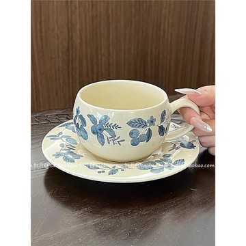 中古風藍莓復古陶瓷蛋杯小資風咖啡杯碟拿鐵拉花杯下午茶杯高顏值