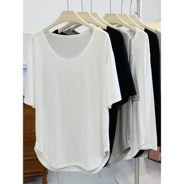 大圓領中長款莫代爾T恤女夏季寬松圓弧下擺氣質顯瘦遮屁股上衣潮