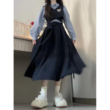 【學院風三件套】女裝 學院風套裝 學院風女裝 學院風穿搭 學院風襯衫 綁帶馬甲 條紋襯衫 高腰長款半身裙 三件套裝 慵懶