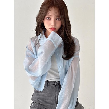 日本 GRL - 楊柳柔軟雪紡透膚襯衫-水藍 (F)