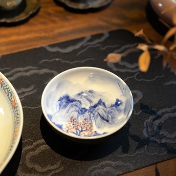 景德鎮陶瓷內繪山水普洱杯茶葉末豇豆紅單色釉100ml手繪高檔單杯