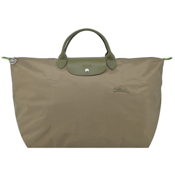 LONGCHAMP LE PLIAGE GREEN系列刺繡短把再生尼龍摺疊旅行袋(大/朝鮮薊綠)