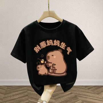 💕 2025夏季新款 100%純棉 卡皮巴拉短袖 兒童短袖 水豚君 童裝 兒童上衣 卡通半袖T 兒童短袖 男童女童圓領