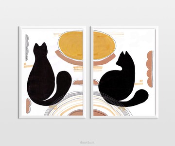 一套 2 件原創藝術品黑貓抽象牆藝術橙色太陽繪畫海報