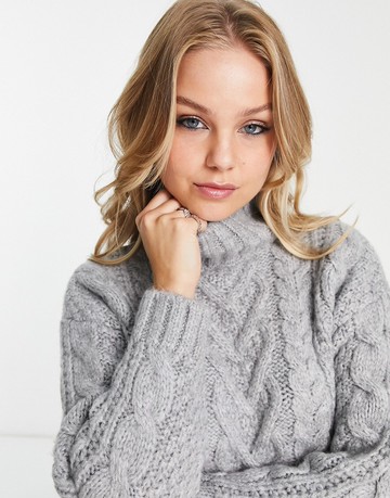 ASOS DESIGN crop cable jumper with high neck in fluffy yarn in grey