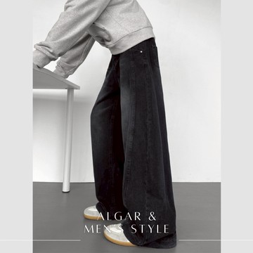 【Algar選品】韓系INS側線水洗闊腿牛仔褲 美式 情侶款 男女長褲寬褲 vintage 闊腿 寬褲牛仔褲 仿舊牛仔褲