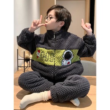2025新款男童睡衣秋冬季珊瑚絨加厚兒童小男孩法蘭絨青少年家居服