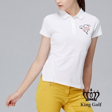 【KING GOLF】網路獨賣款-女款愛心刺繡拼接剪裁造型POLO衫/高爾夫球衫-白色
