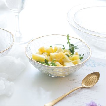 金邊錘目紋日式圓形玻璃甜品沙拉碗果盤透明早餐家用北歐水果碗