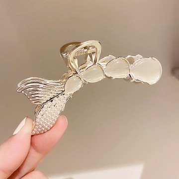 時尚貓眼石珍珠魚尾抓發發夾女金屬優雅氣質后腦勺鯊魚夾ins發卡