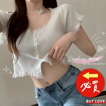 【買到戀愛】U領排釦蕾絲短袖上衣 白色 短袖 T恤 蕾絲上衣 女裝 女上衣【FT2692】