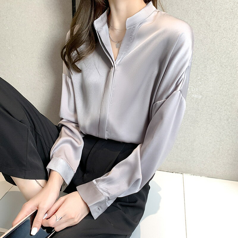 緞面氣質襯衫女2022春裝新款韓版立領落肩袖長袖襯衫女上衣春