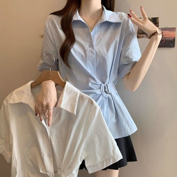 法式收腰翻領襯衫女2025夏季新款不規則設計感百搭顯瘦短袖上衣女