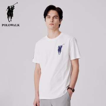 POLOWALK男士純色圓領短袖t恤夏季新款運動大標刺繡logo運動上衣