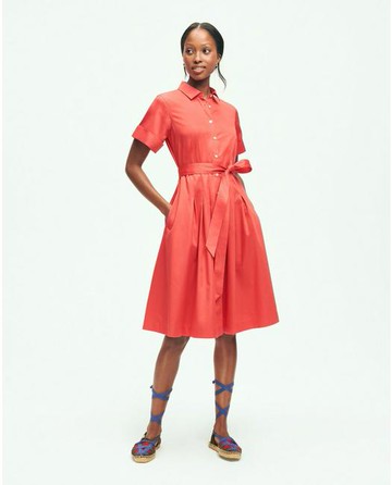 Brooks Brothers Women's Signature A-Line Cotton Sateen Shirt Dress | Coral Red | Size 16