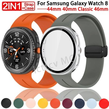 【免運】SAMSUNG 鋼化玻璃錶殼 + 錶帶Galaxy Watch 8 經典 46 毫米磁性矽膠錶帶 PC 保護套適