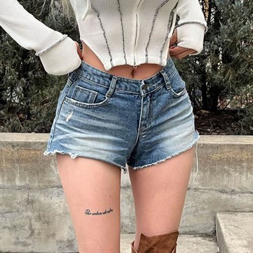 韓版復古水洗藍色毛邊牛仔短褲夏季新款百搭高腰直筒破洞辣妹熱褲