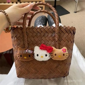 ！新款小衆黑皮kitty高顔值仿藤編編織手提包ins風輕便攜式出遊小包