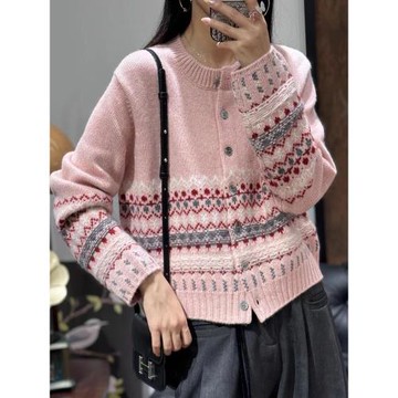 新款羊絨開衫女100純羊毛重工提花軟糯高級感上衣針織衫毛衣外套