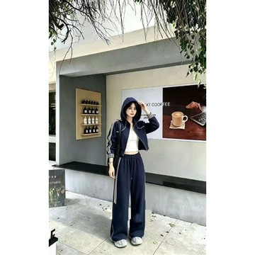 HZ8803_撞色穿搭休閒運動套裝女2026春秋新款假兩件連帽外套條紋衛褲