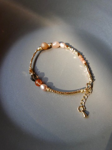 量身訂製/銅鍍金/天然石手鍊/橙月光石/淡水珍珠
