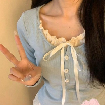 【砂糖夢境】撞色木耳邊甜美綁帶蝴蝶結假兩件繫帶長袖女顯瘦保暖打底衫女修身