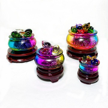 彩色琉璃黃水晶聚寶盆元寶擺件辦公風水客廳招財裝飾品聚寶盆擺件