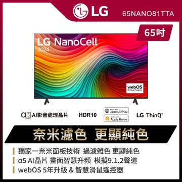 LG樂金 65型 81系列 NanoCell 4K AI 語音物聯網電視 65NANO81TTA