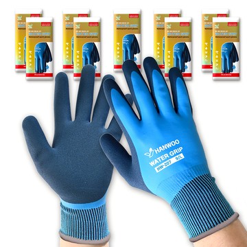 HANWOO 水握乳膠塗層防水手套 HW-207  藍色  L  10組