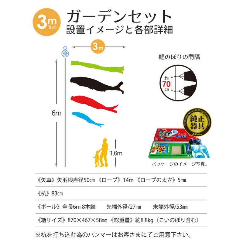 鯉のぼり 庭用 夢はるか 3m 8点 庭園用 ガーデンセット 鯉5匹 徳永