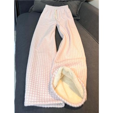 羊羔絨干鳥格闊腿褲女秋冬2025新款慵懶休閑加絨棉褲粉色格子褲子