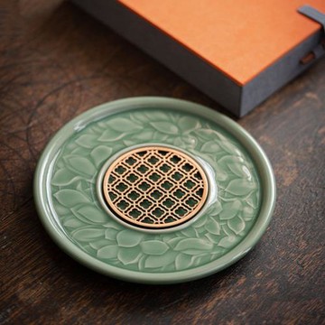 復古中式陶瓷手工壺承青瓷影雕蓋碗茶壺底托復古功夫茶具茶道配件