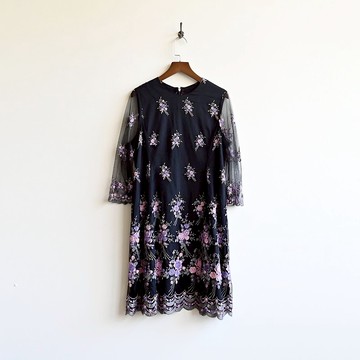 【蛋植物古著】薔薇花束紗質刺繡短袖古著洋裝