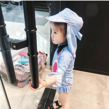 韓國ins外貿兒童連體泳衣女童長袖防曬小兔裙式海邊沖浪服套裝潮