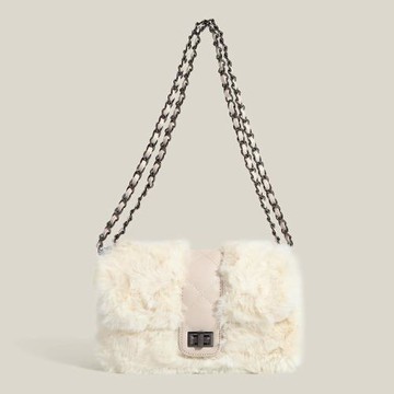 【L’eBeauty】高訂款小香風毛絨鍊帶方包 KDB-PP10B(斜背包/手提包/側背包/單肩包/鍊帶包/小方包/白色)