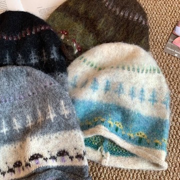 🔥台灣出貨🔥 費爾島風捲針織堆堆帽女秋冬復古顯臉小冷帽慵懶防寒保暖包頭帽子