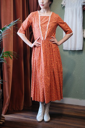 Vintage dress美國制橘色小碎花草原裙連衣裙古著