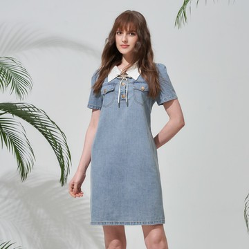 CLL巧玲瓏 刷色牛仔襯領洋裝 7305101