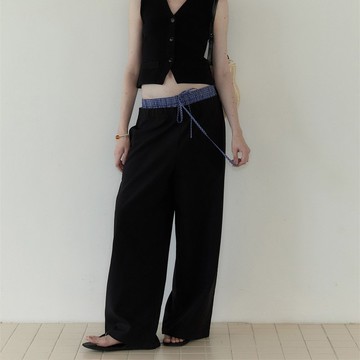 黑色 格紋雙腰頭抽繩拼接寬褲 寬鬆西裝休閒長褲